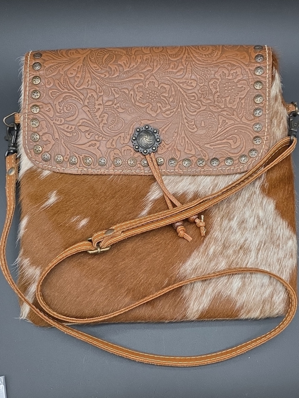 Myra Bag Handcrafted Tooled Leather & Cowhide Crossbody Shoulder Bag - Brown